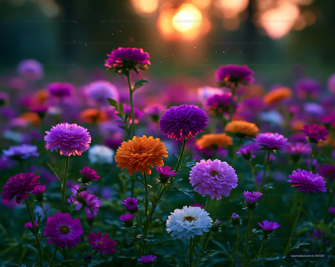 Colorful flowers in a field during sunset