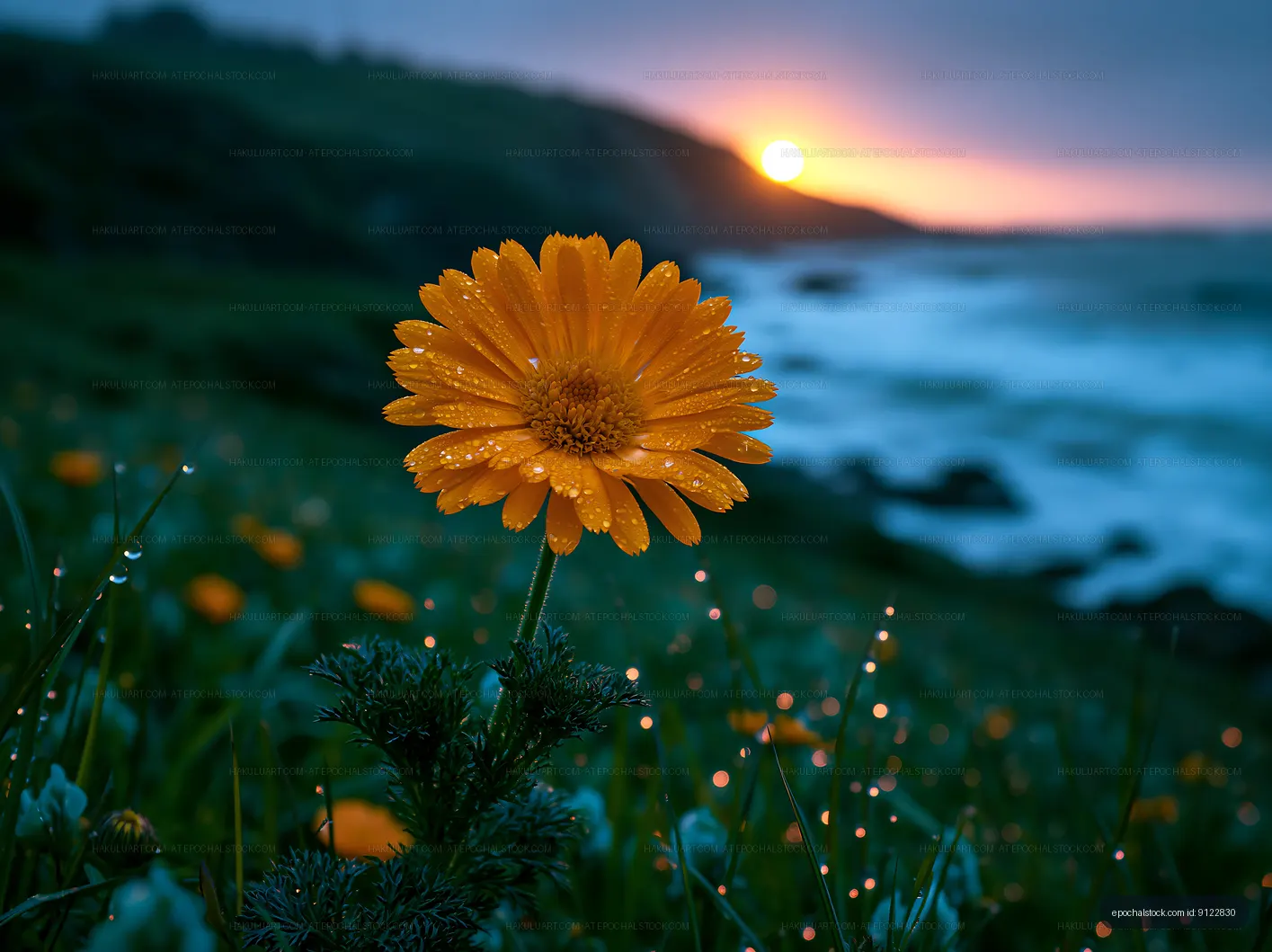 Yellow flower with droplets in front of ocean sunset