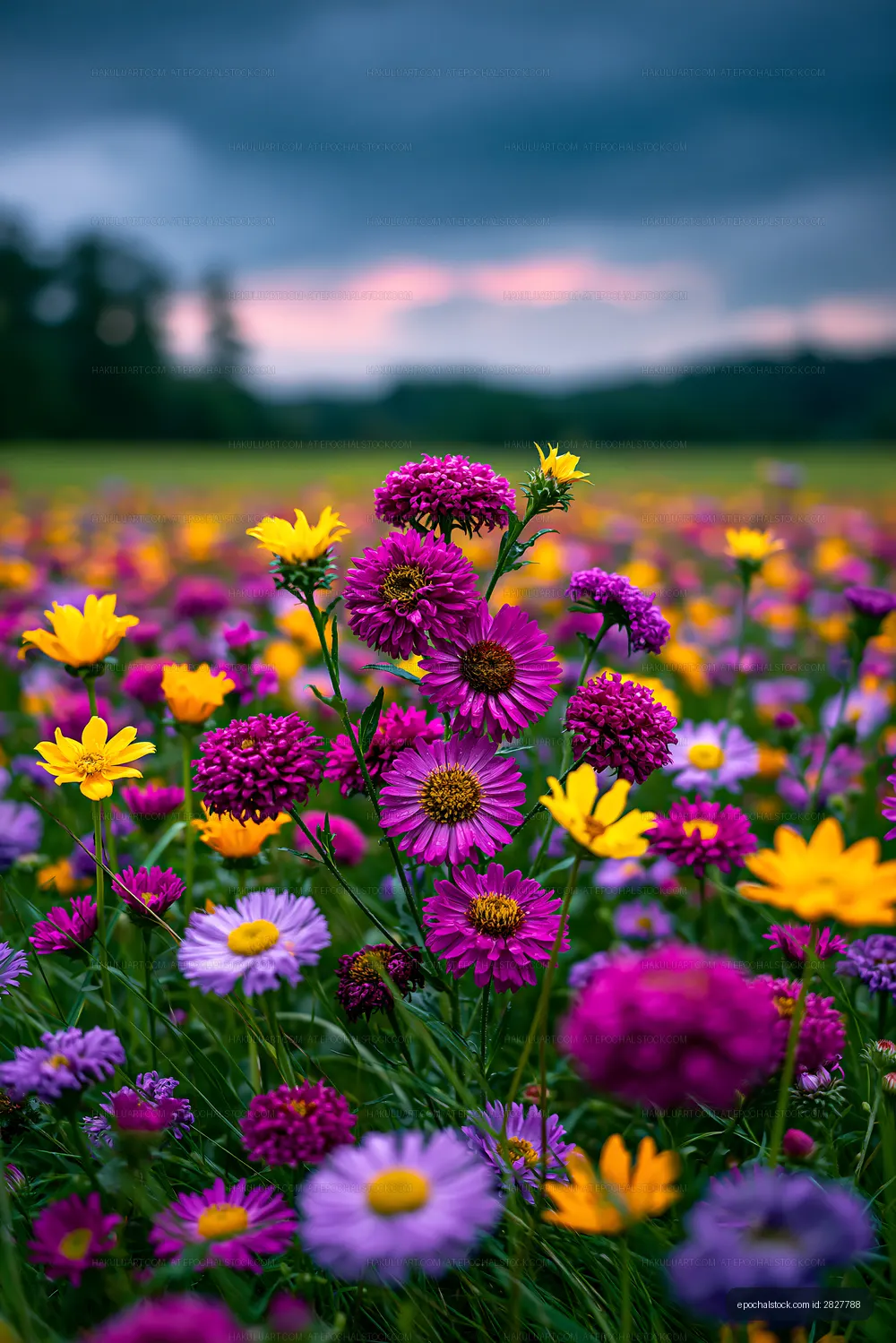 Colorful wildflowers in a field during sunset