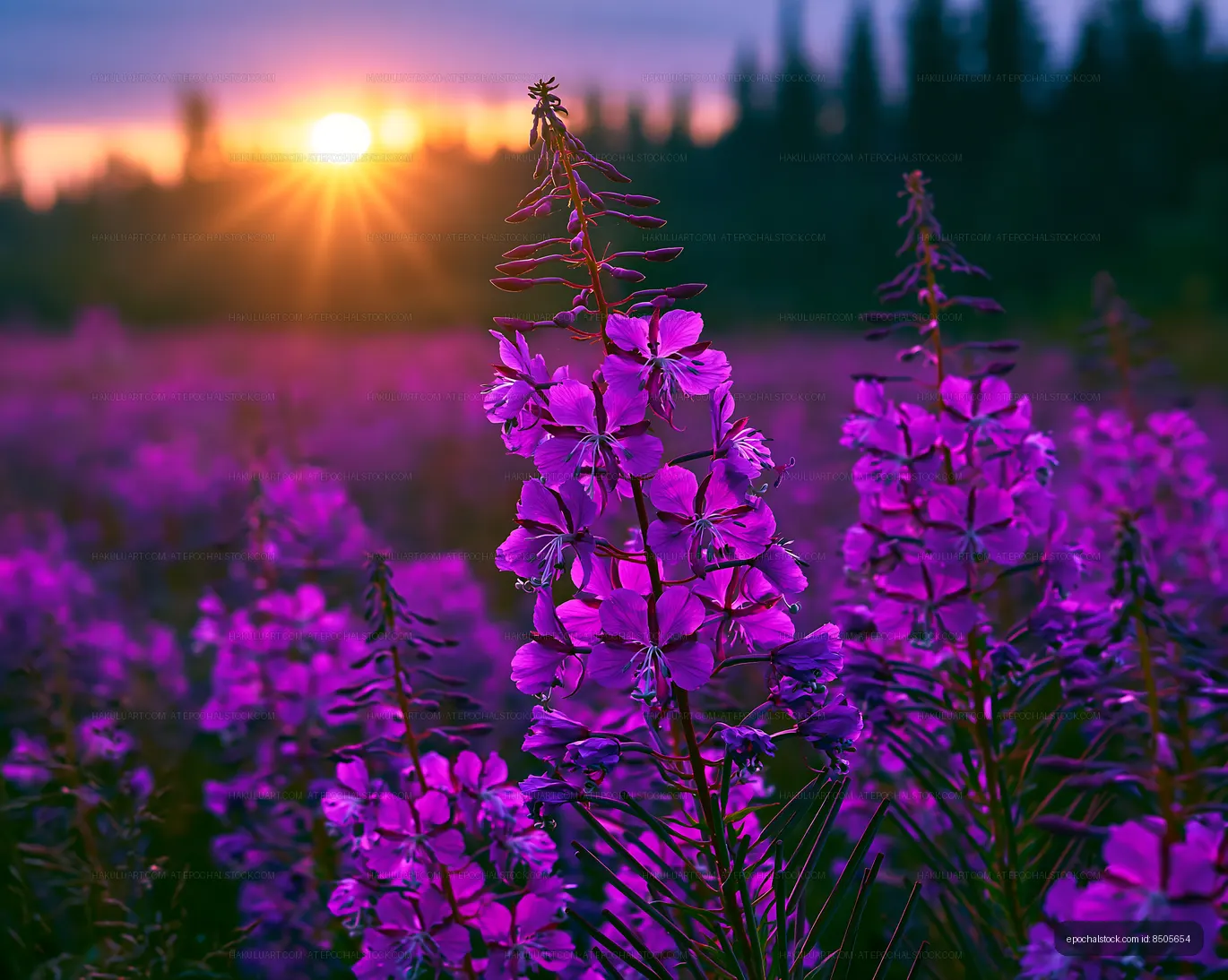 Colorful wildflowers bloom at sunset in a natural landscape