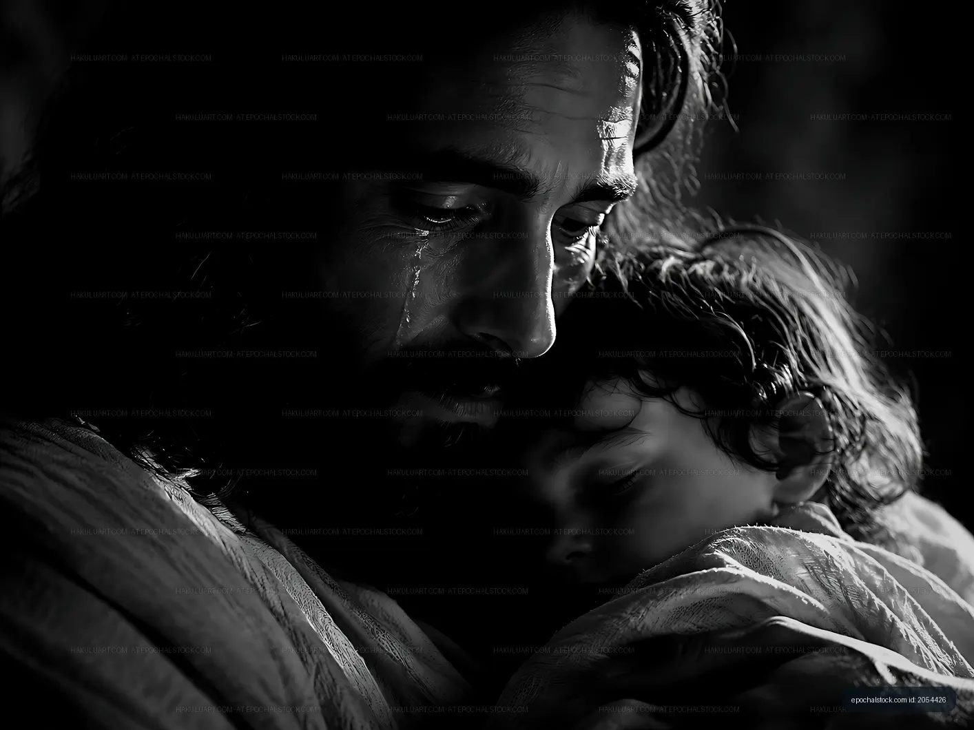Man holding a child with emotion in a dark setting
