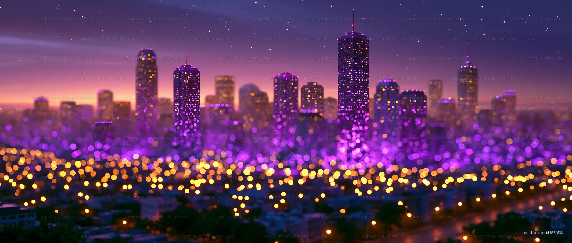 City skyline at night with lights and purple hues