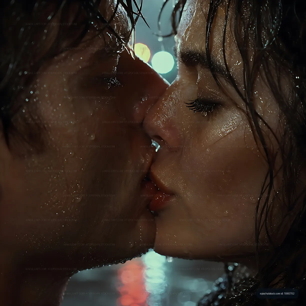 Couple kissing in the rain at night with city lights in background