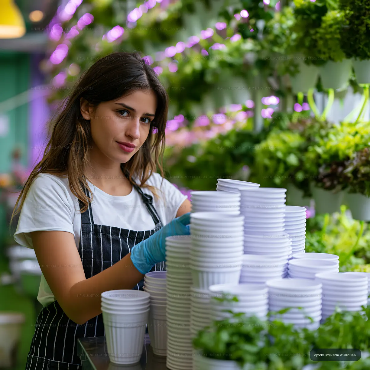 Young woman organizing cups in a plant shop