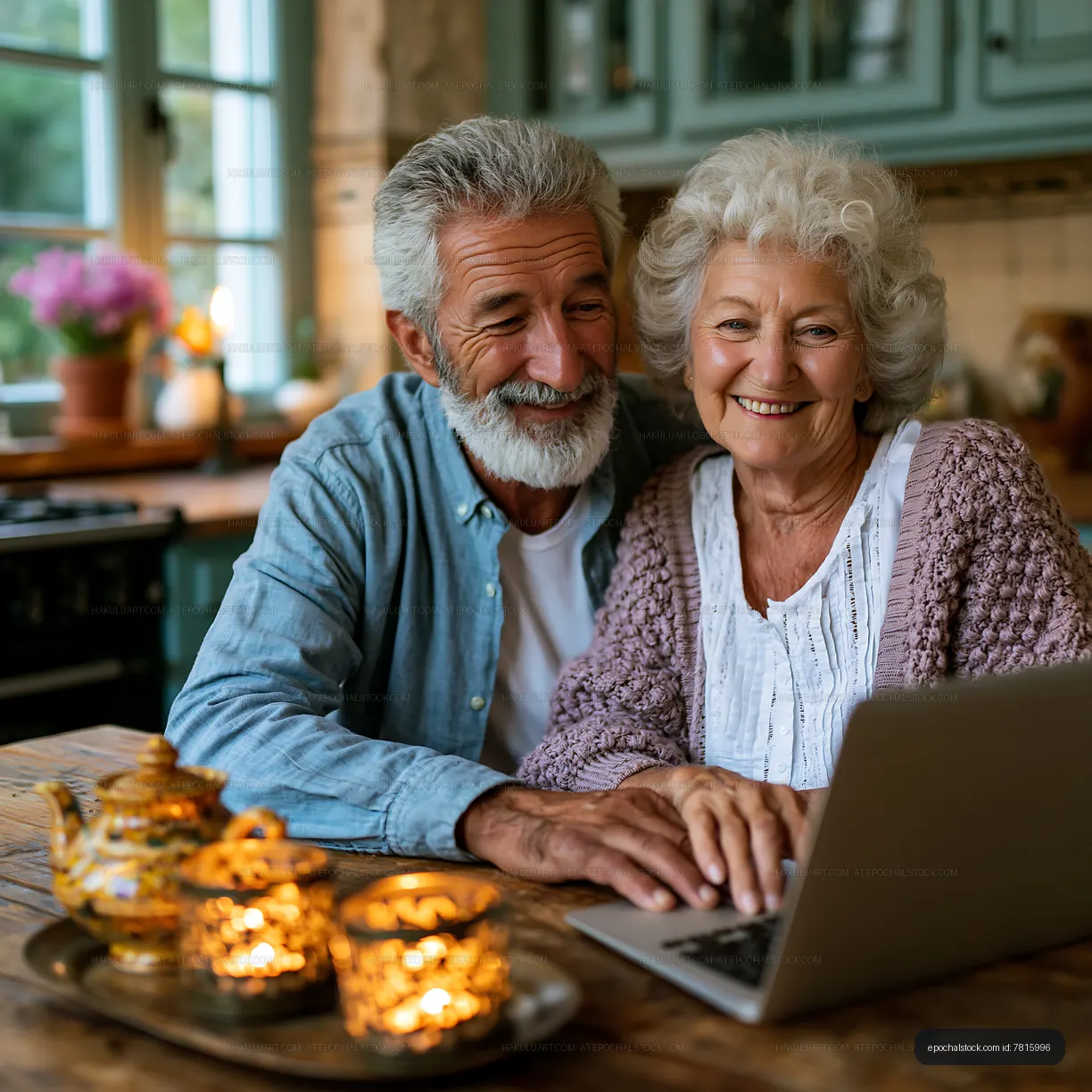 Elderly couple using a laptop at home with warm ambiance