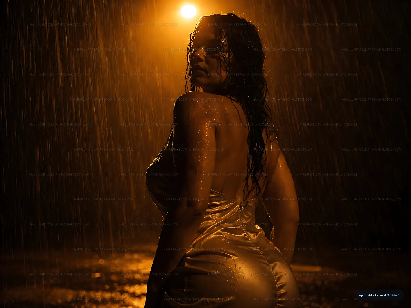 Model posing under streetlight in rain at night