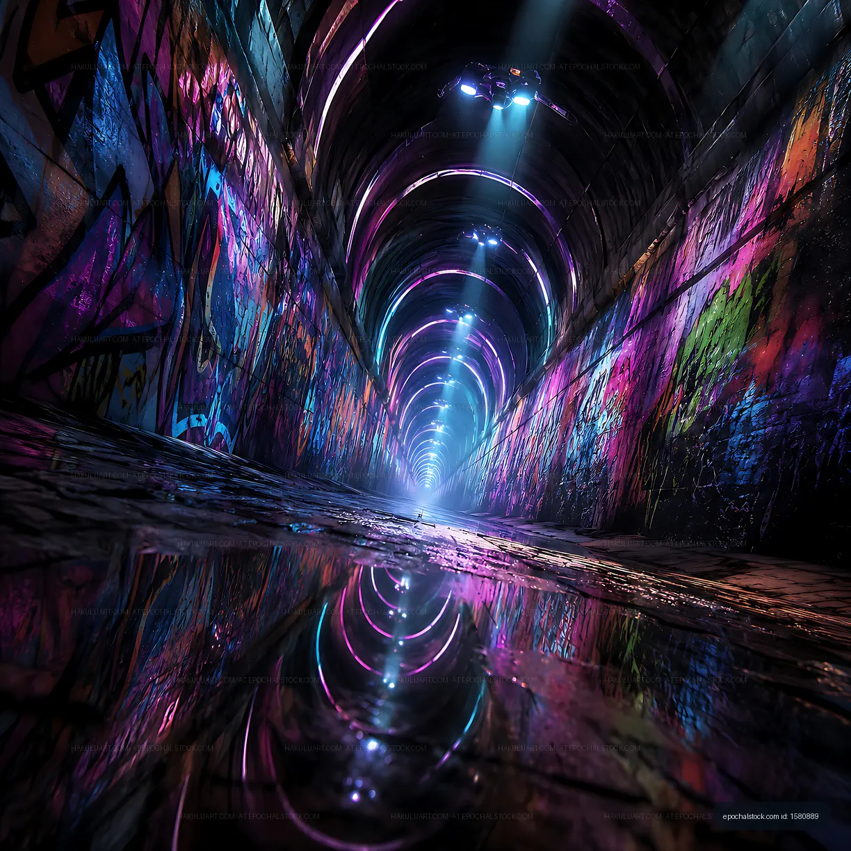 Colorful graffiti tunnel with lights reflecting on wet ground