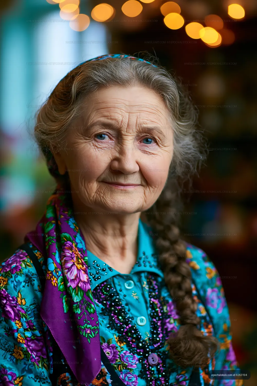 Elderly woman with braided hair and colorful scarf