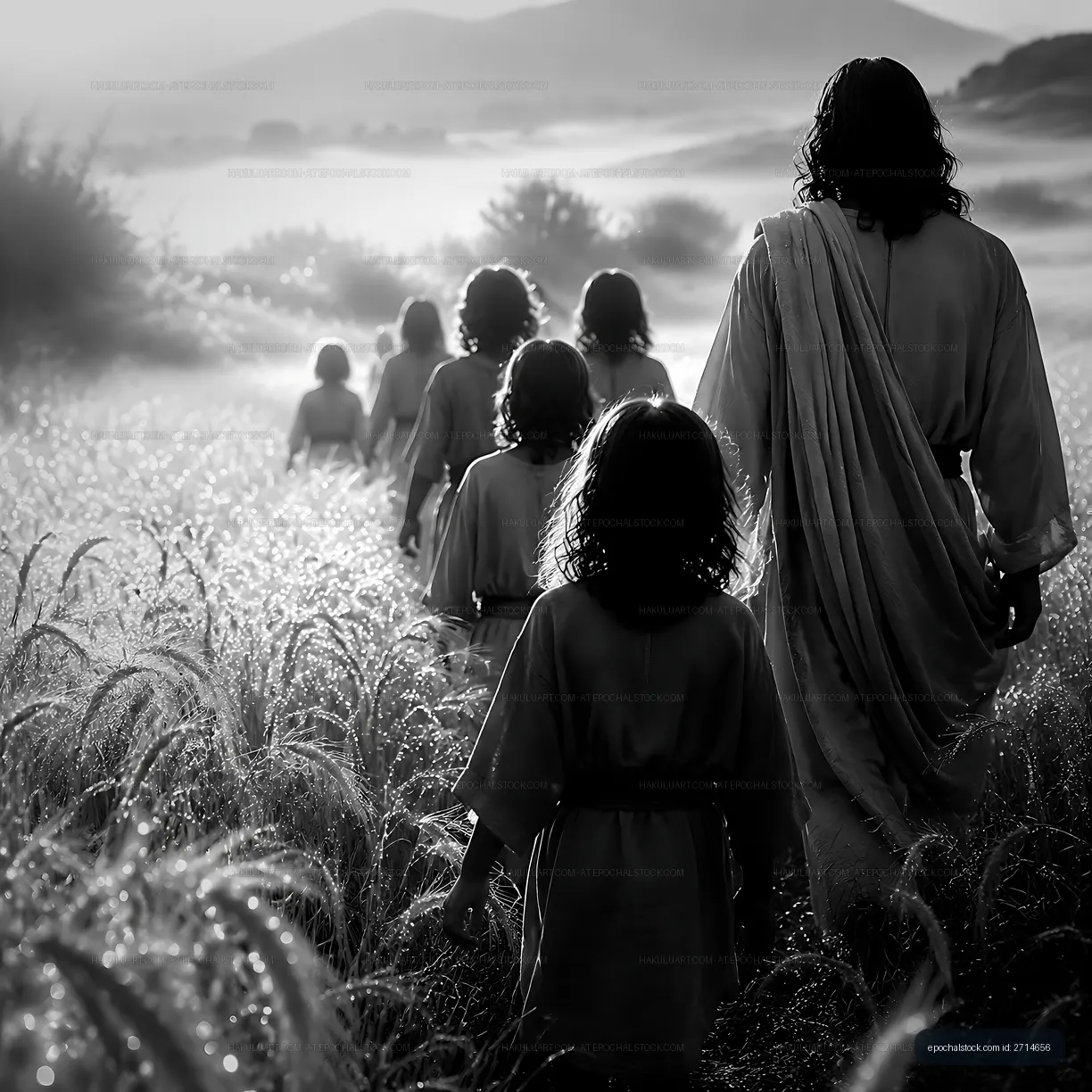 Figures walking through a field at dawn