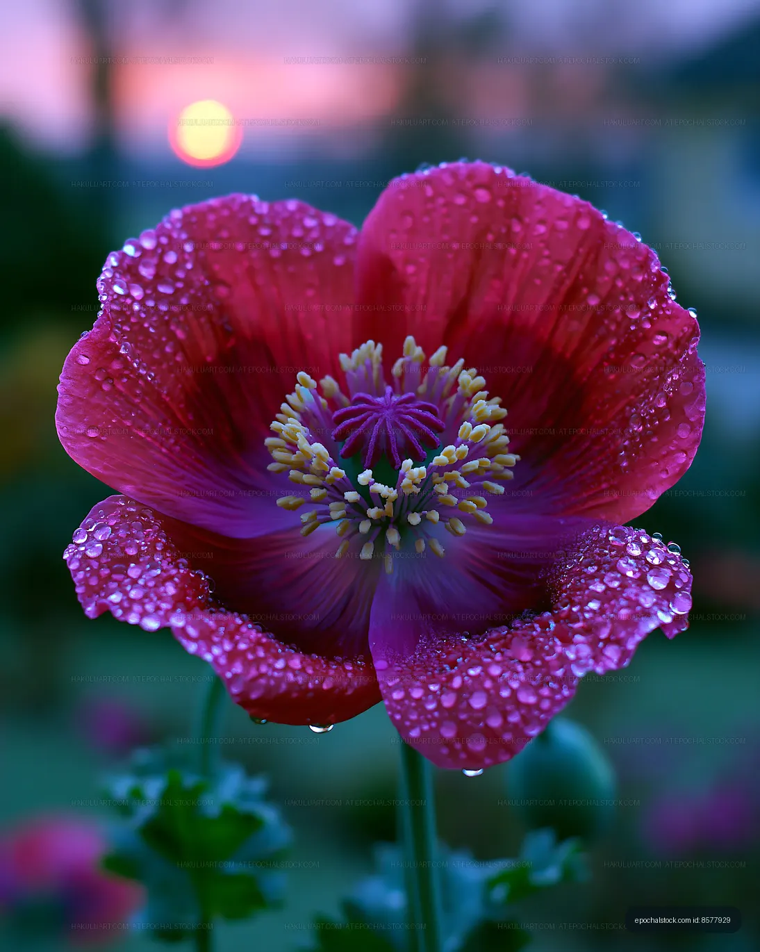 Morning dew on vibrant poppy flower at sunrise