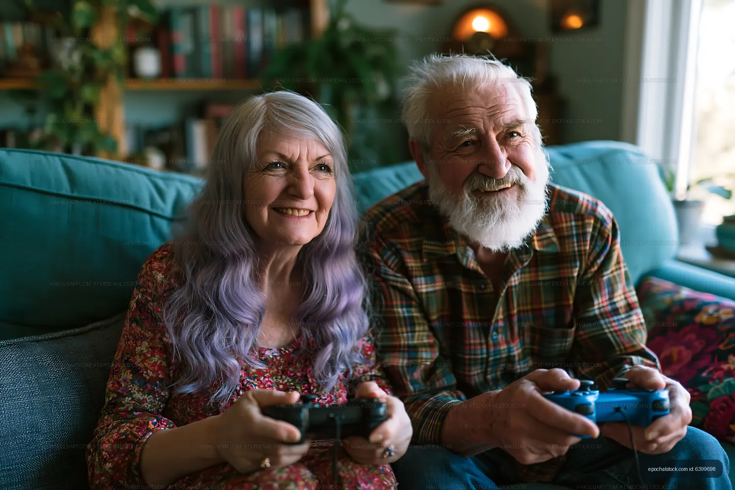 Elderly couple enjoying video games together at home