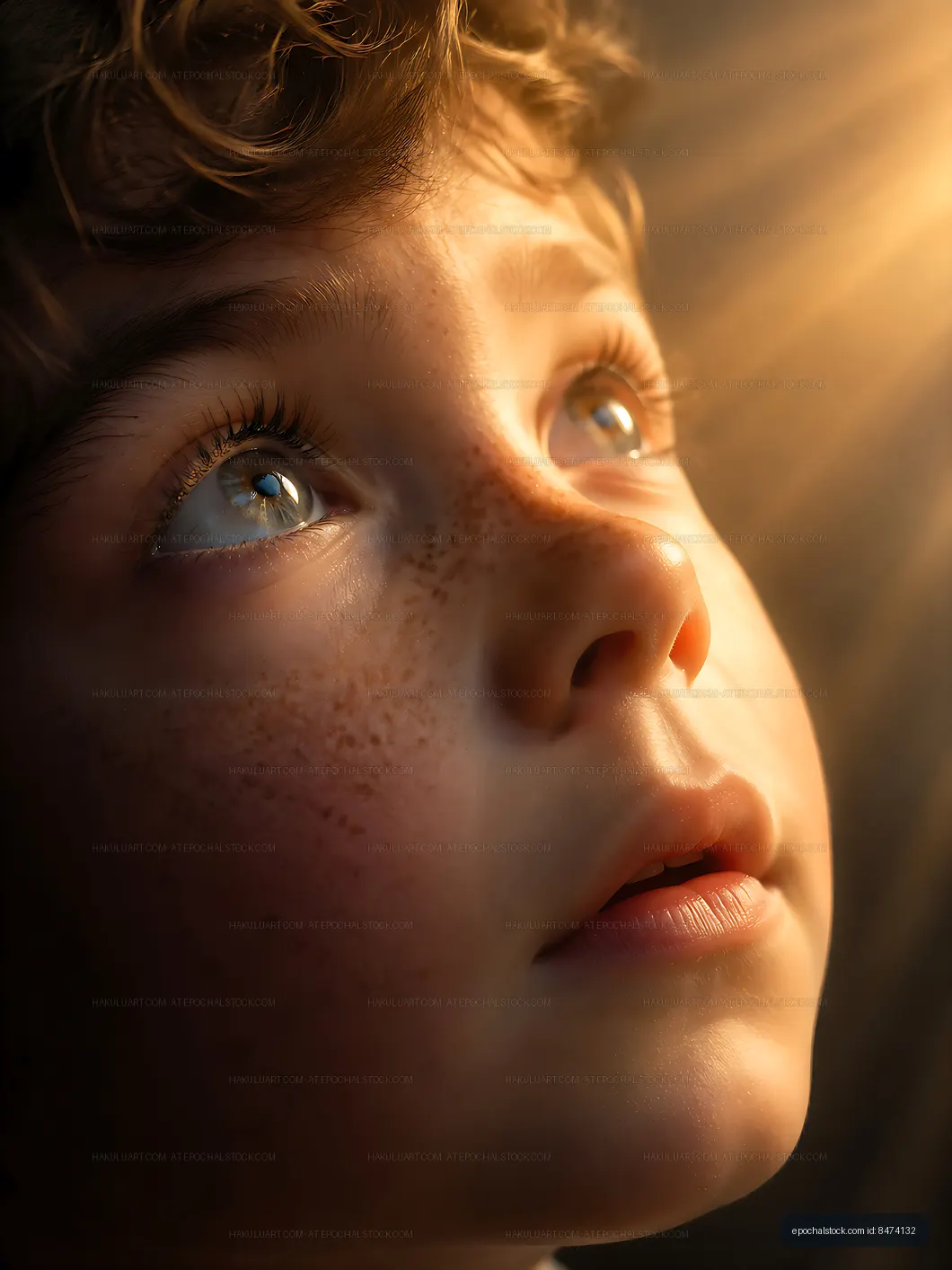 Child looking up with wonder in warm light