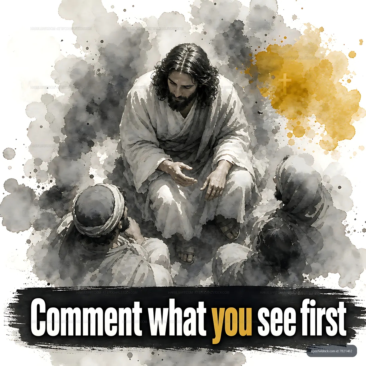 Jesus teaching a group of followers in a watercolor-style artwork
