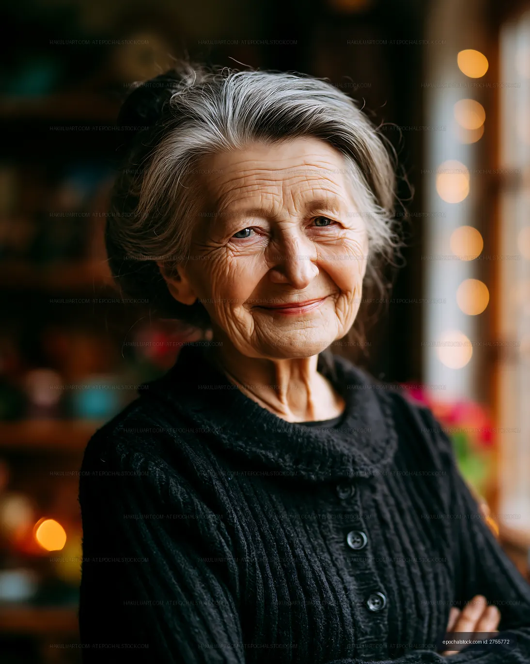 Elderly woman smiling in cozy indoor setting