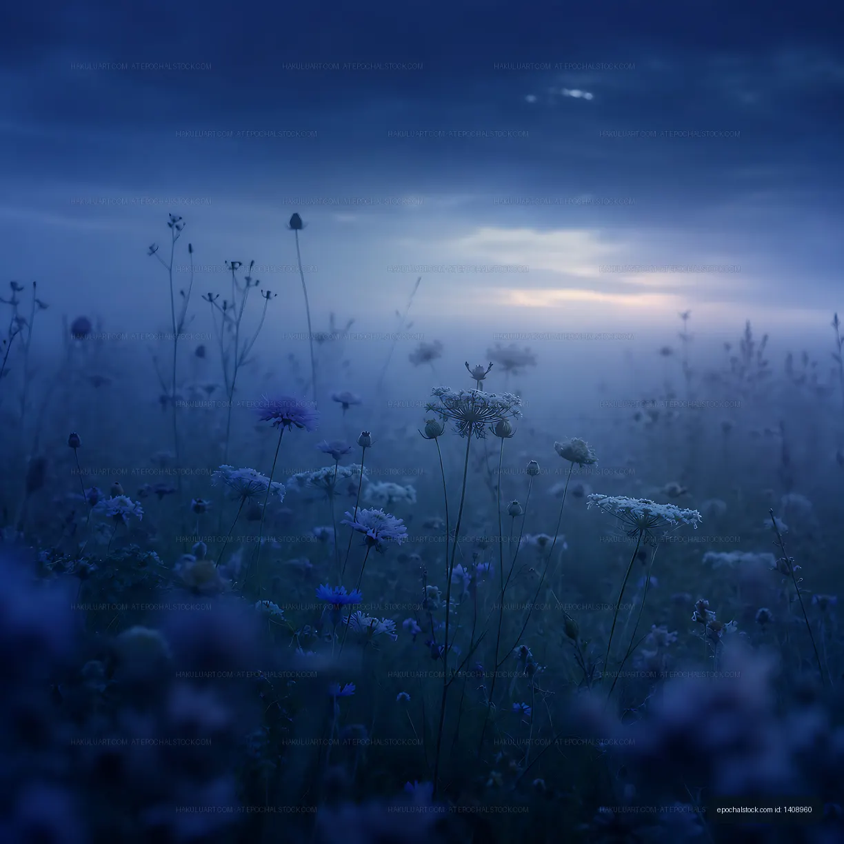 Blue flower field during twilight with soft clouds in the sky