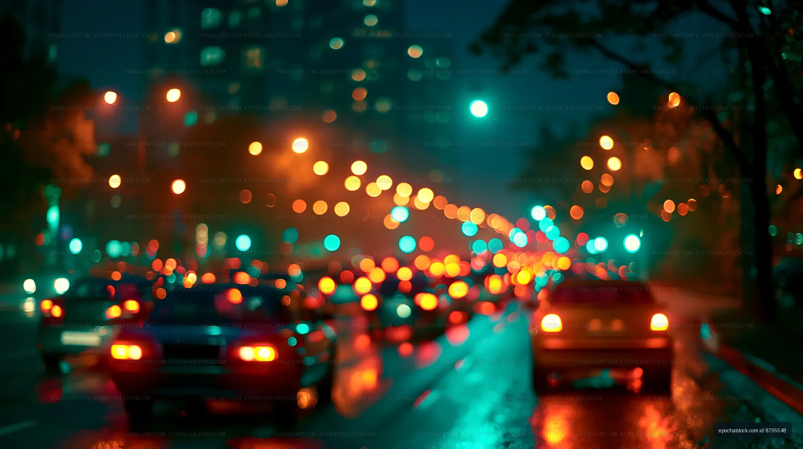 City street with traffic lights at night during rain