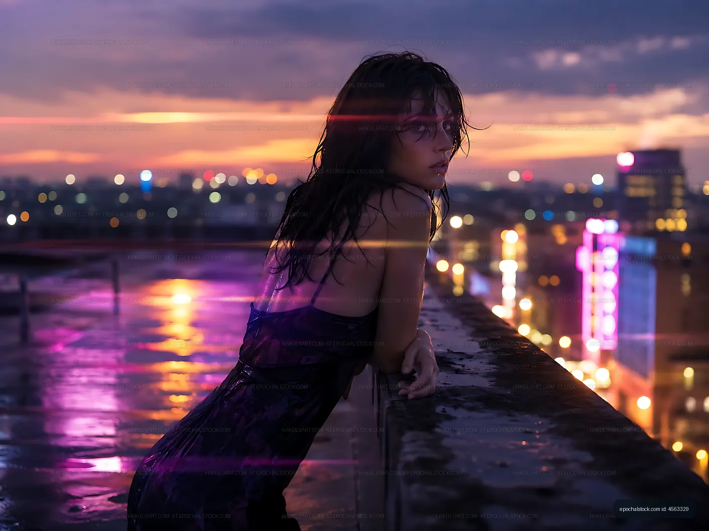 Woman on rooftop at sunset with city lights in background