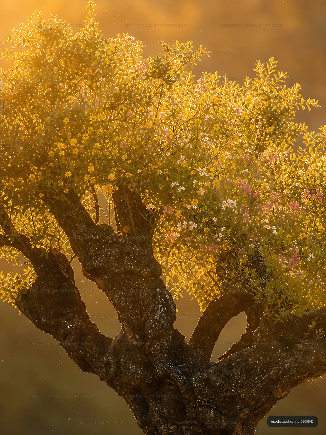 Golden sunlight shining through tree branches with flowers