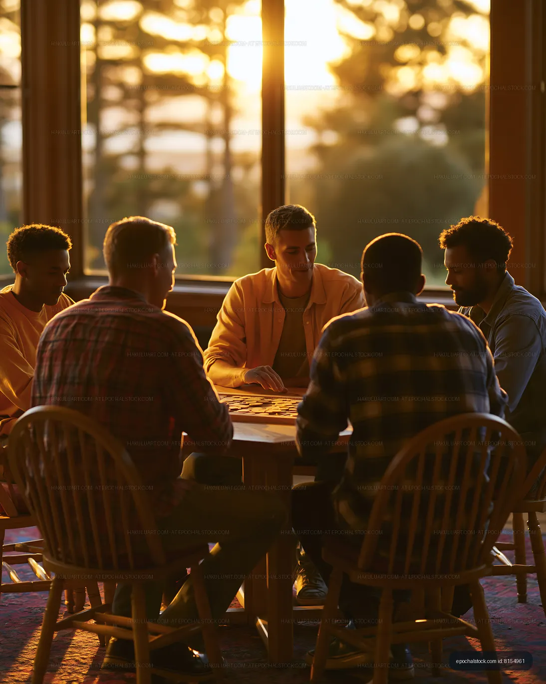Group of friends playing board games at sunset indoors