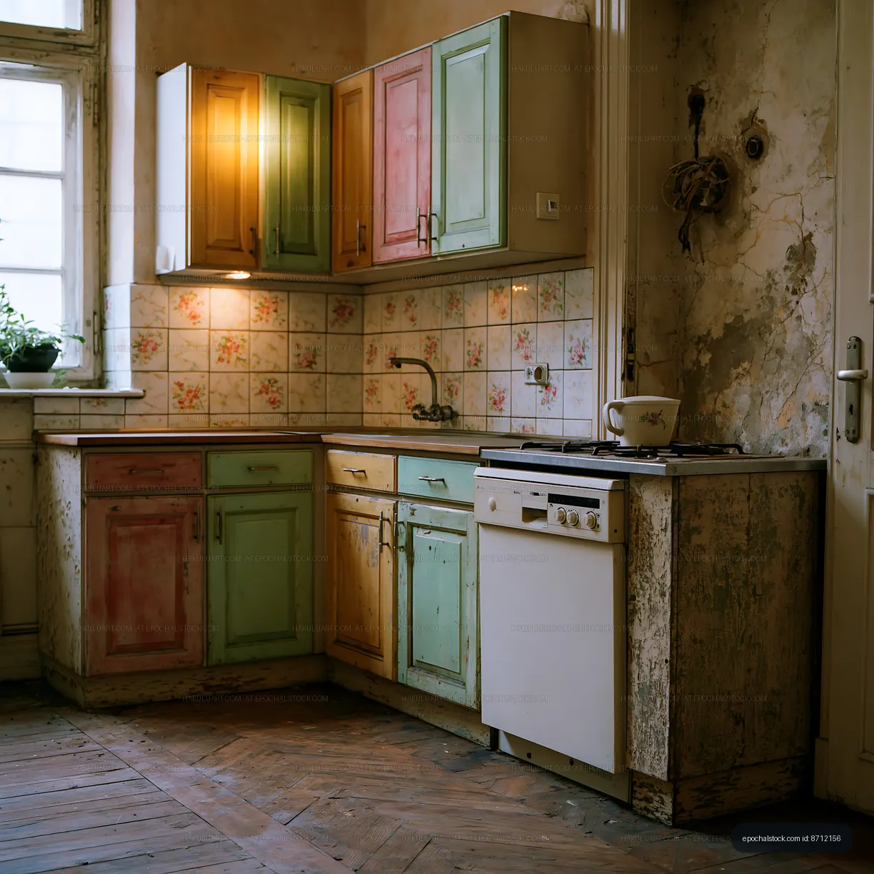 Old kitchen with colorful cabinets and rustic decor
