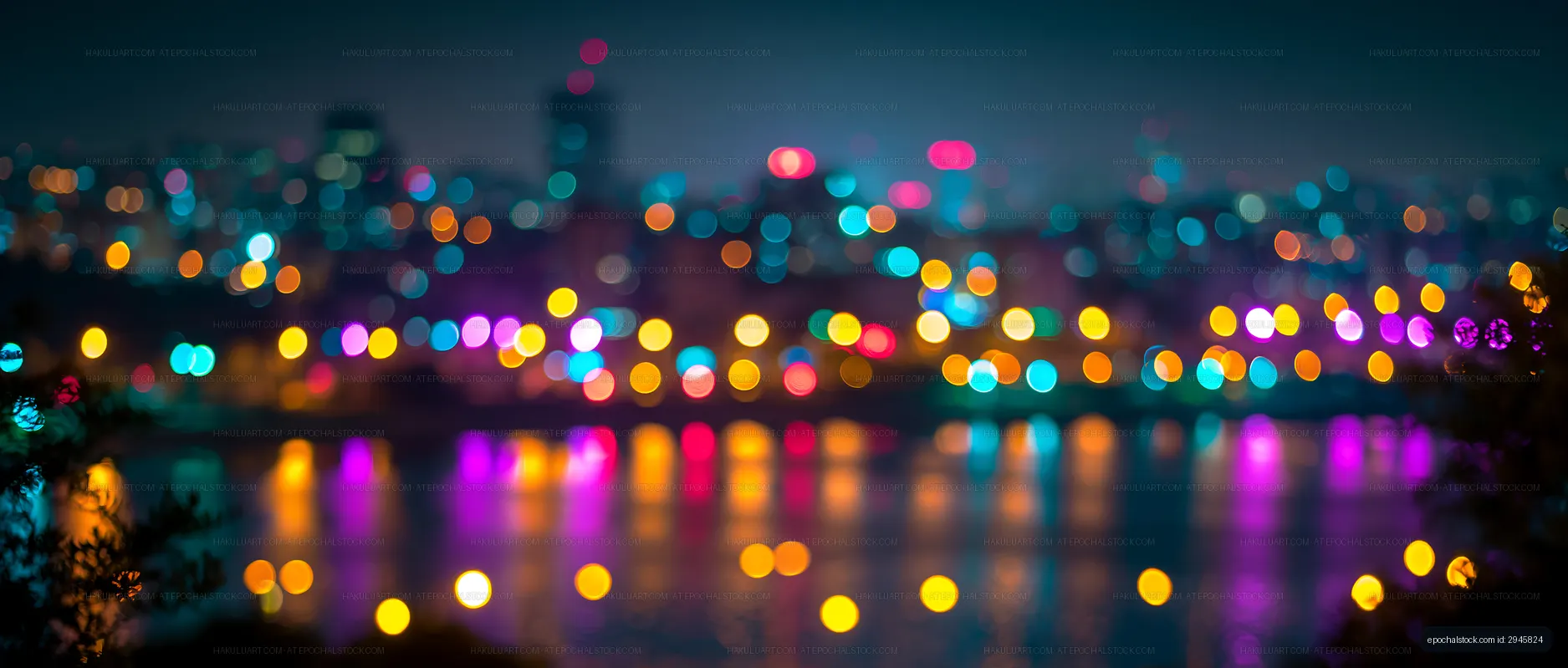 Night city view with blurred lights by the water
