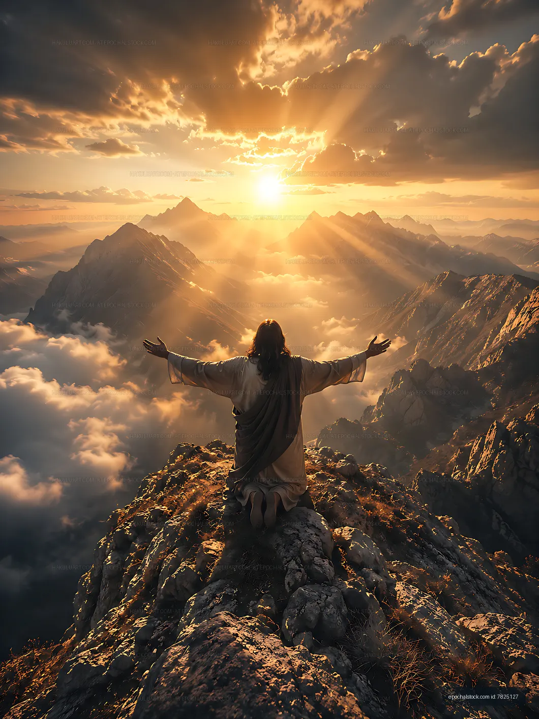Person with arms raised on mountain peak at sunrise