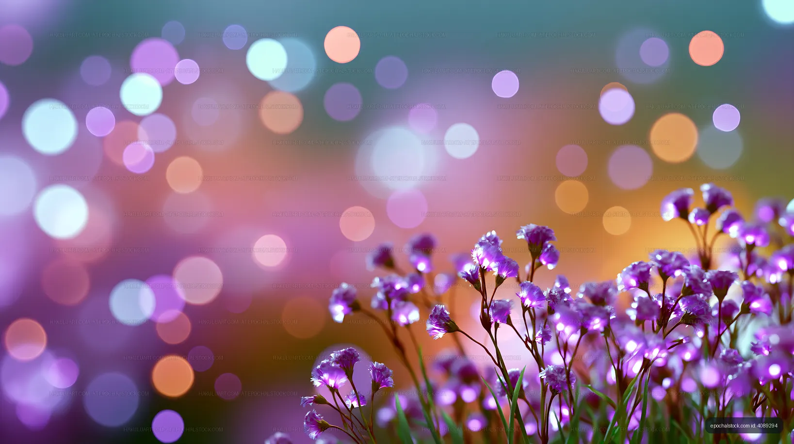 Purple flowers with colorful bokeh background in soft focus