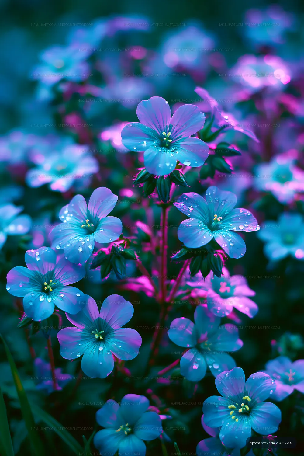 Vivid purple flowers with droplets in a garden at dusk