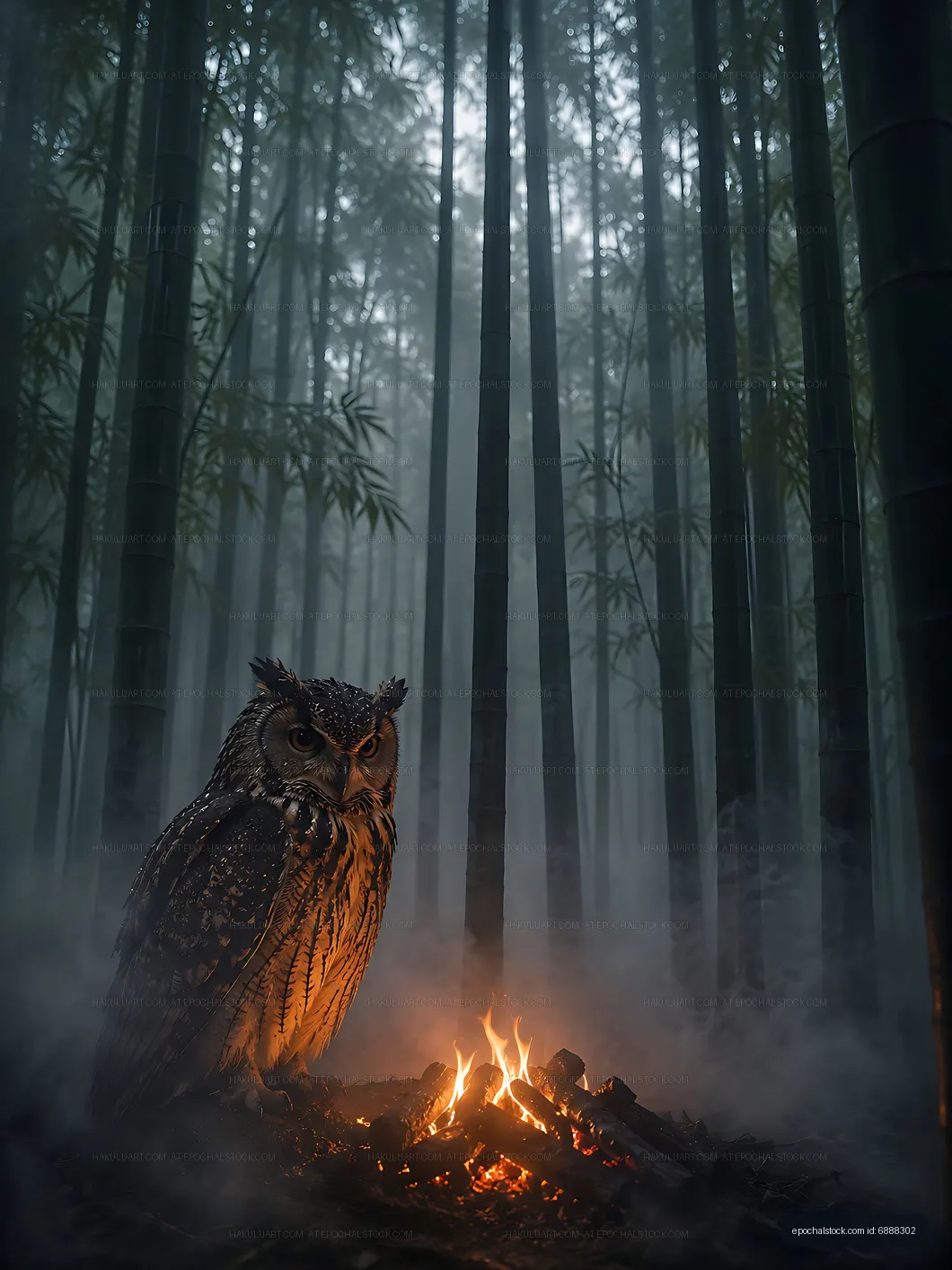 Owl standing near a fire in a bamboo forest at night