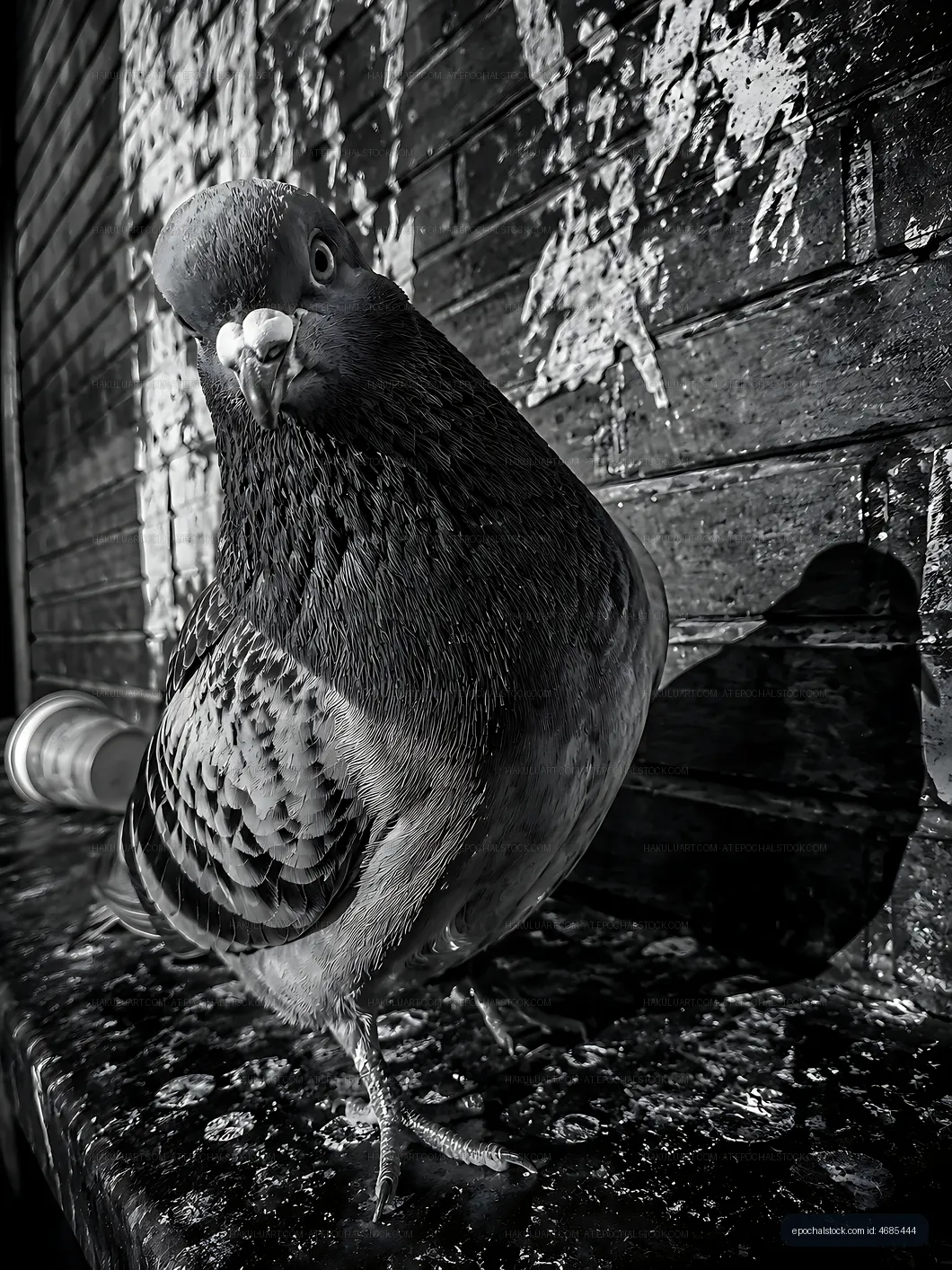 Pigeon standing on a ledge in black and white