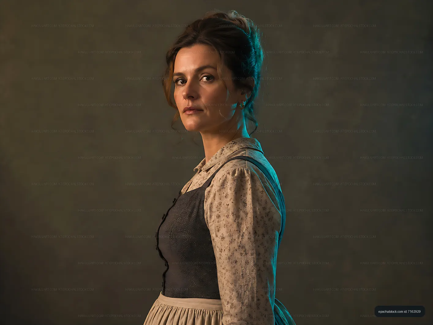 Woman in period dress stands in front of a textured backdrop