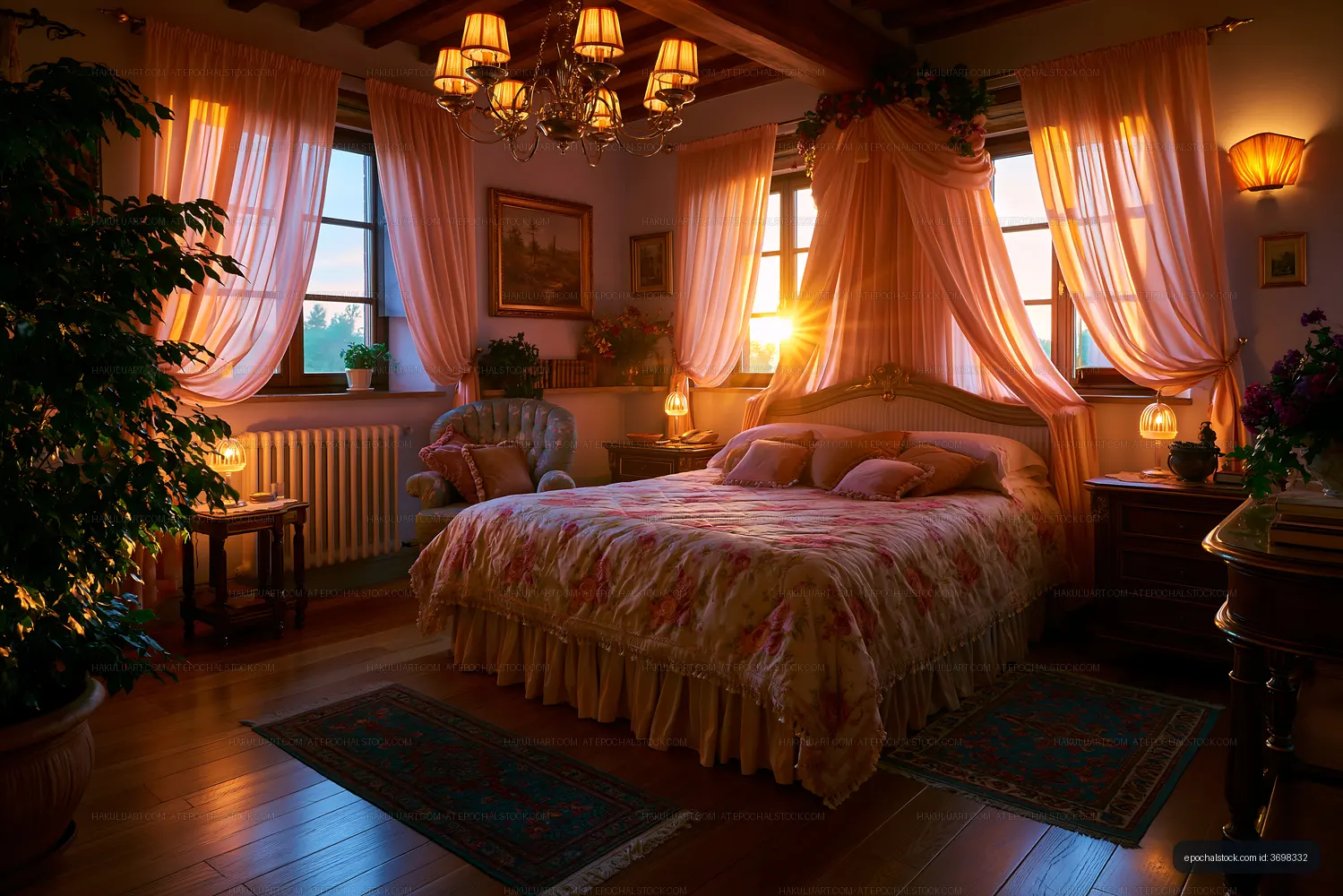 Cozy bedroom with warm light during sunset