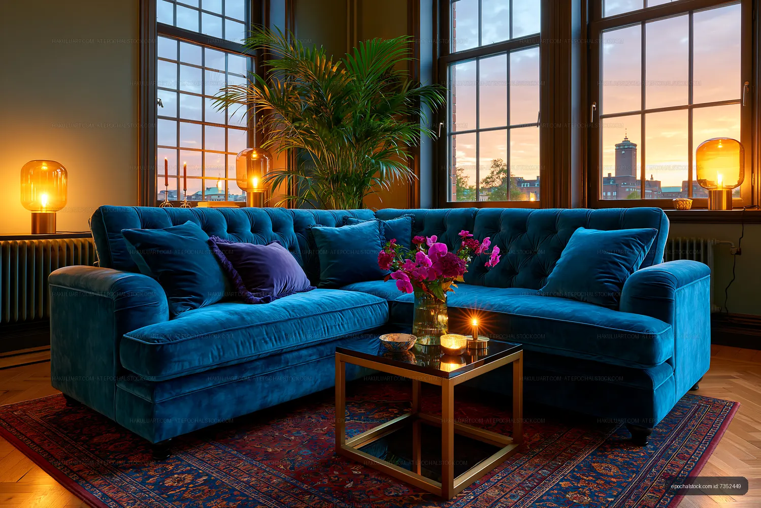 Cozy living room with blue sofa and sunset view from windows