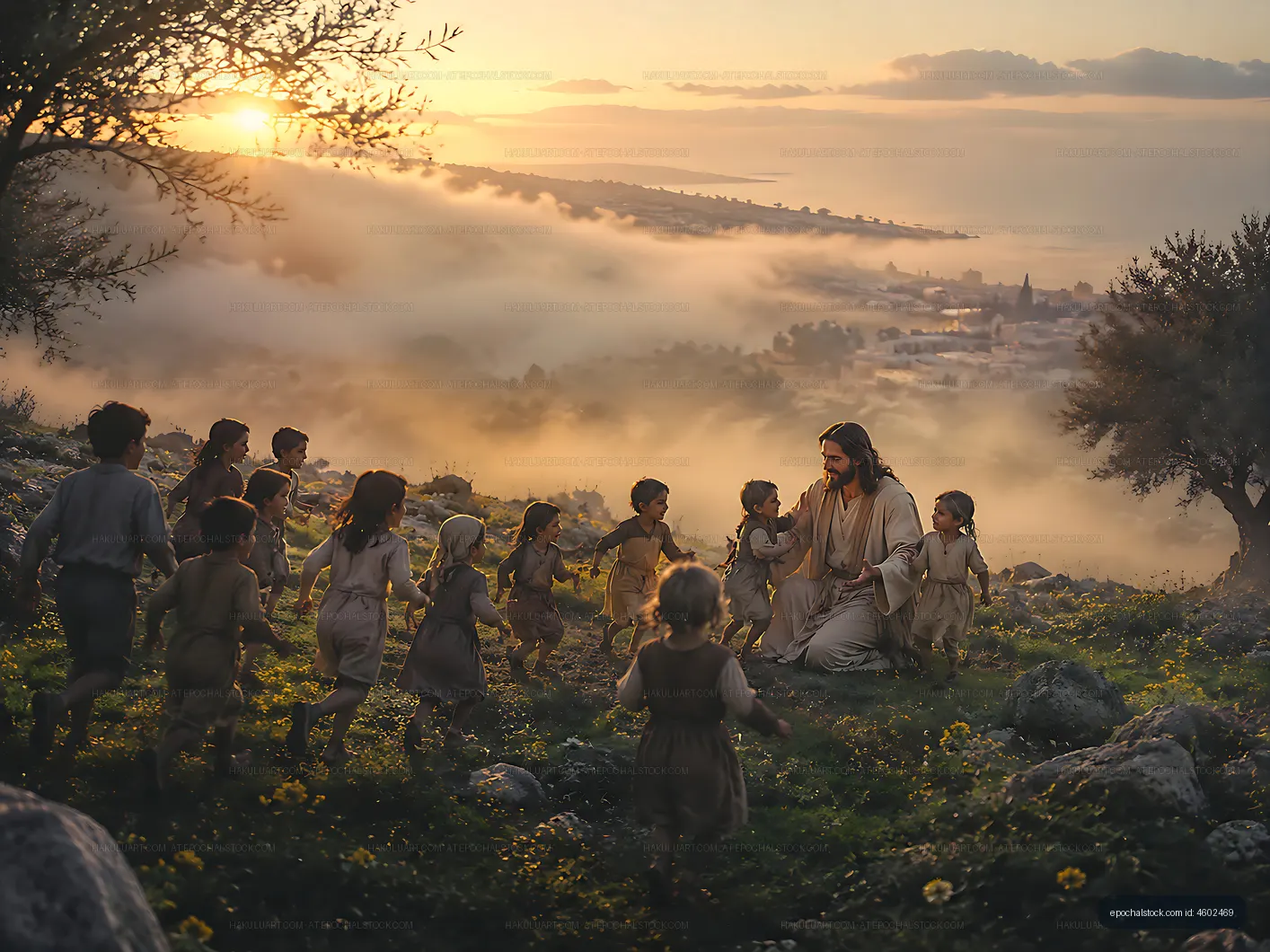 Children playing and gathering around a figure at sunset