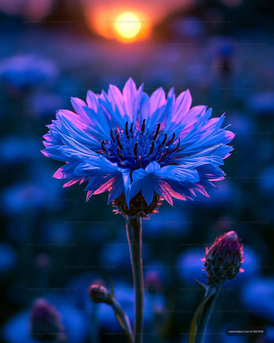 Bright flower blooms at sunset in a vibrant meadow