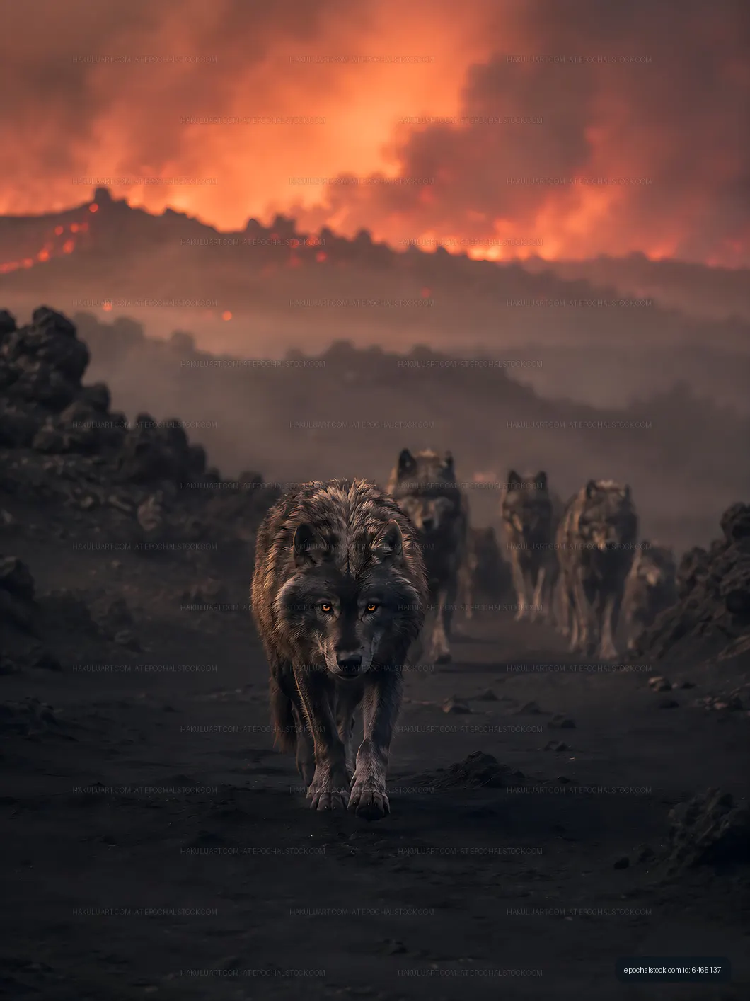Wolves walking towards a fiery landscape at dusk