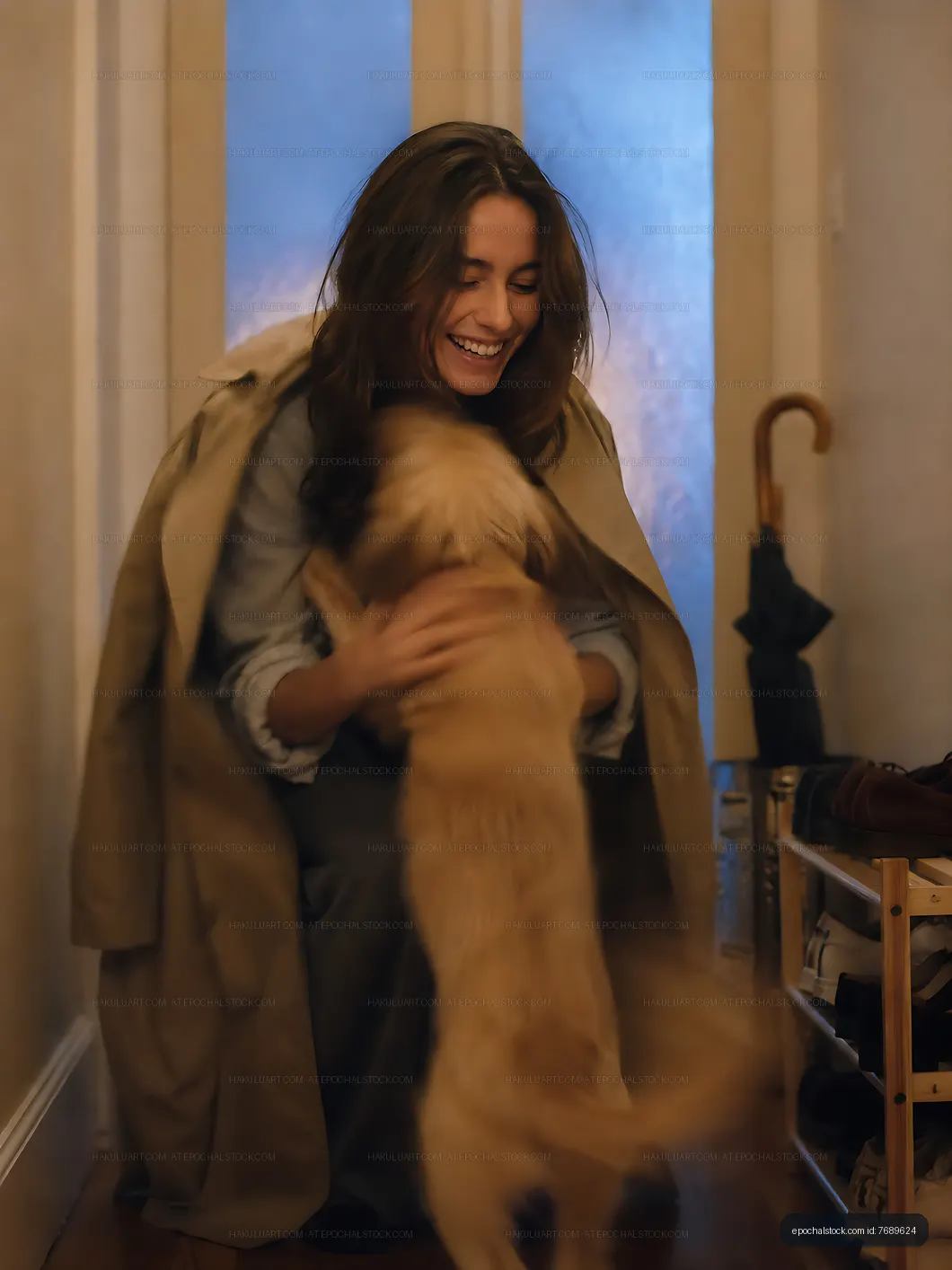 Woman playing with a dog at home during winter evening