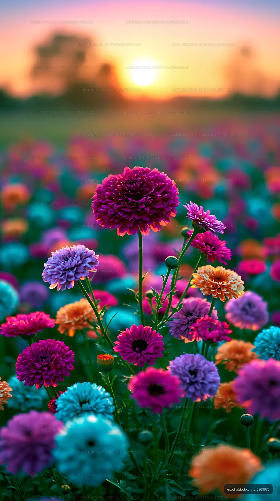 Colorful flowers in a field during sunset