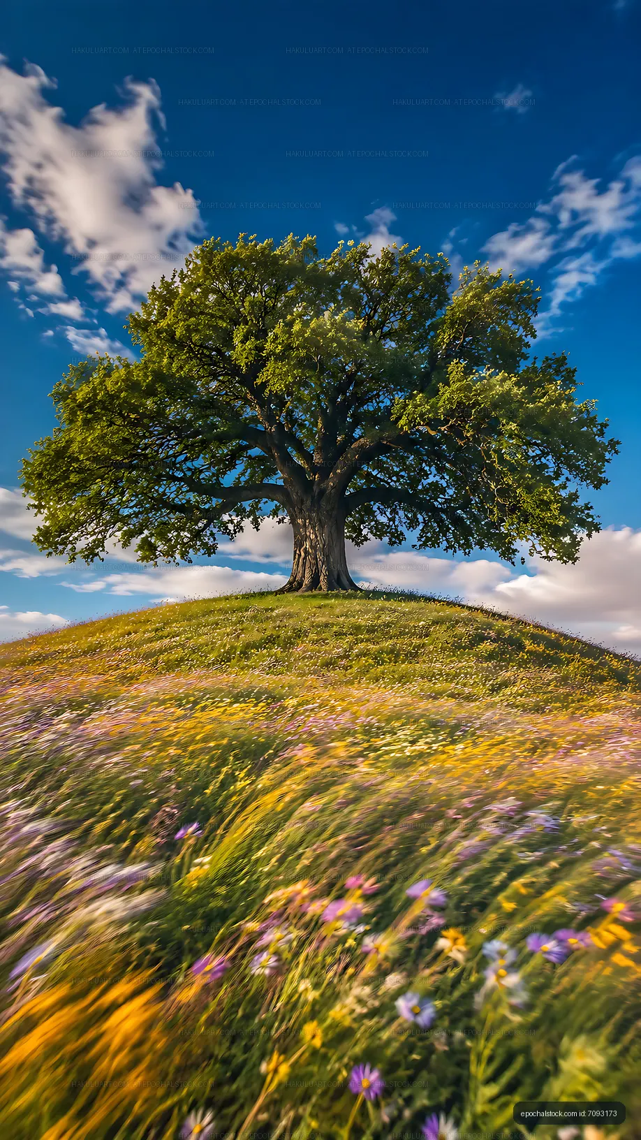 Large tree on a grassy hill with flowers in the foreground