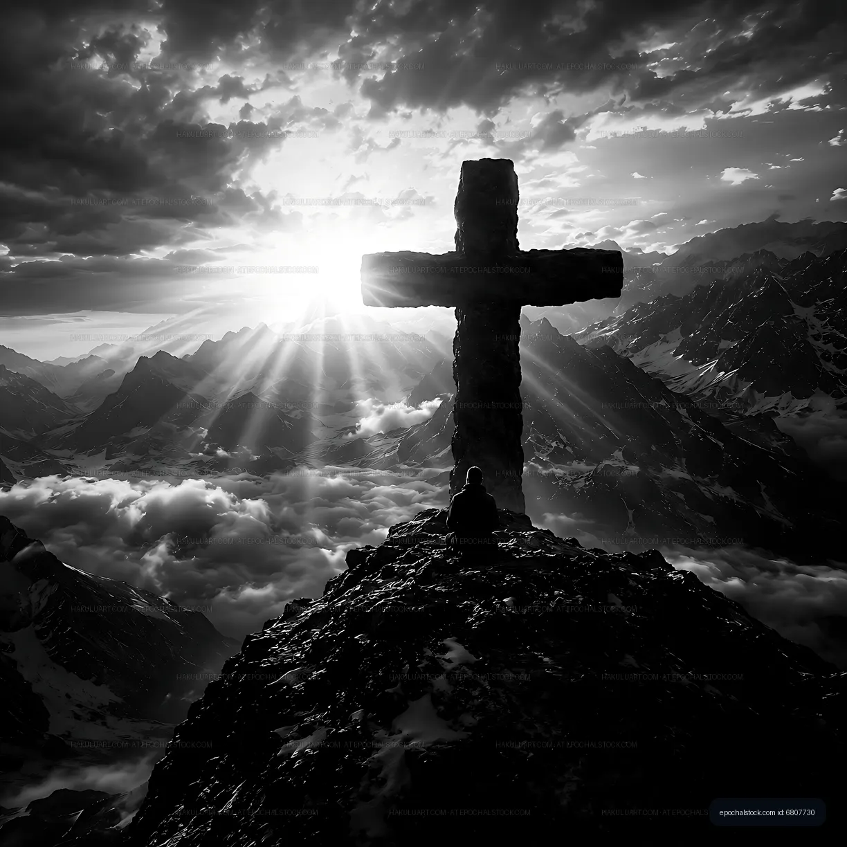 Mountain cross silhouette with sun rays and clouds at sunrise
