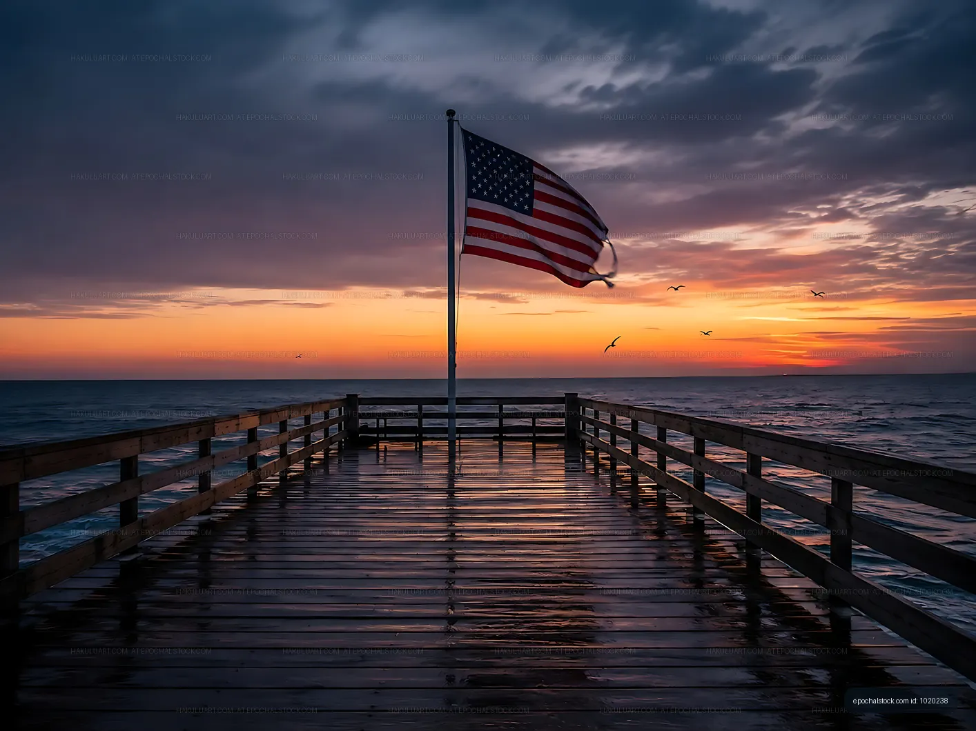Sunset view from a wooden pier with an American flag