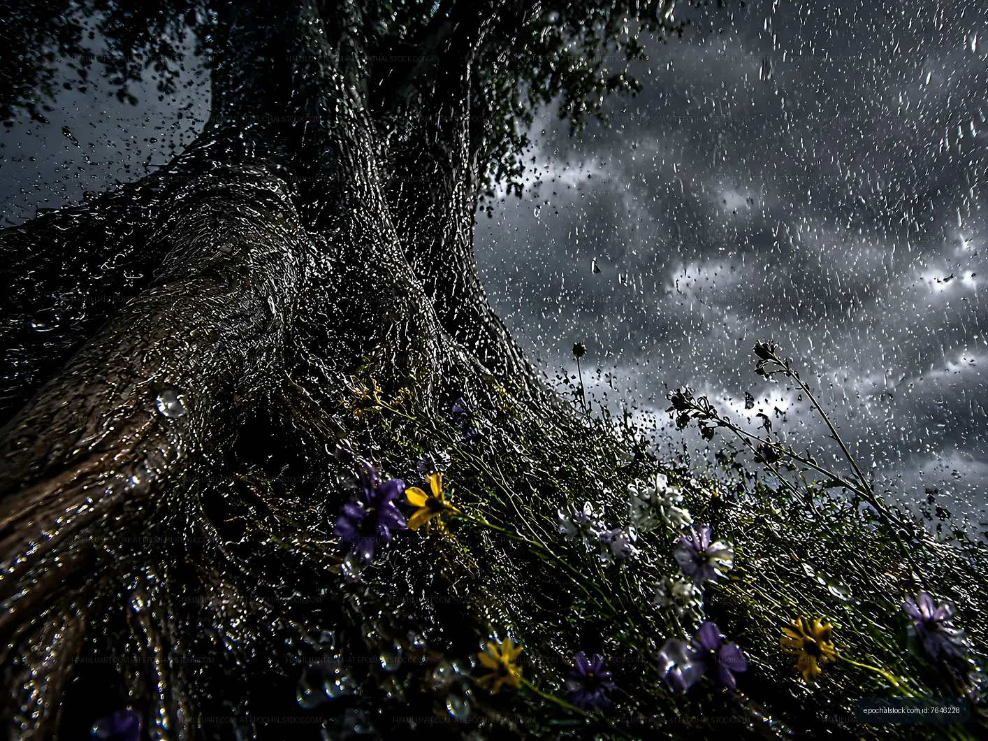 Rain falling on a tree with flowers in the foreground