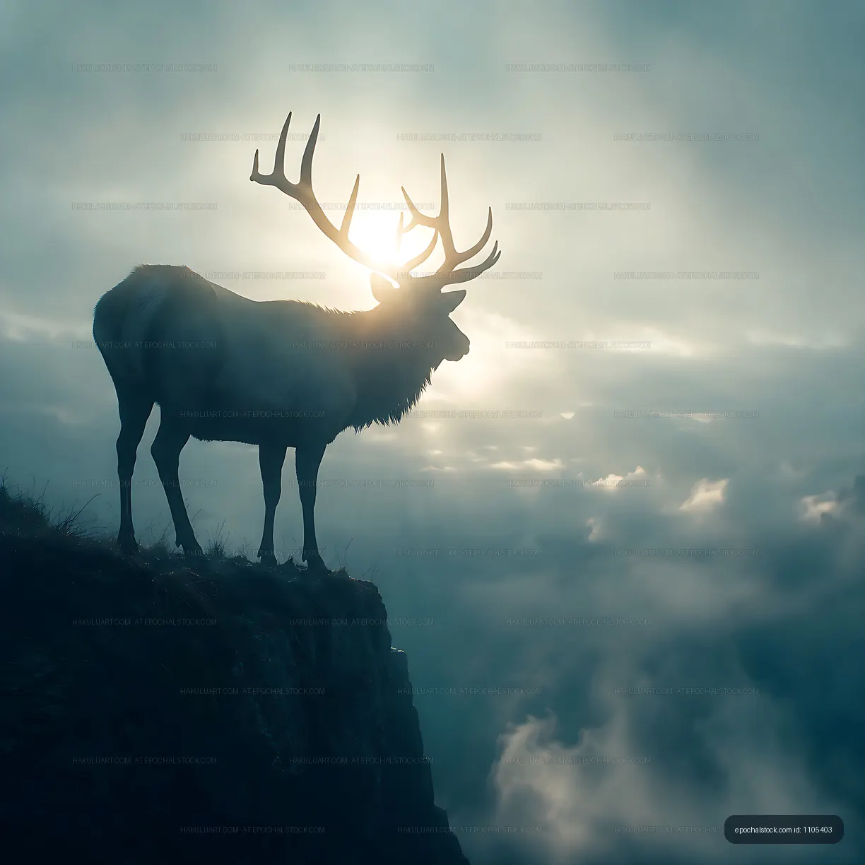 Silhouette of a stag standing on a cliff in cloudy weather