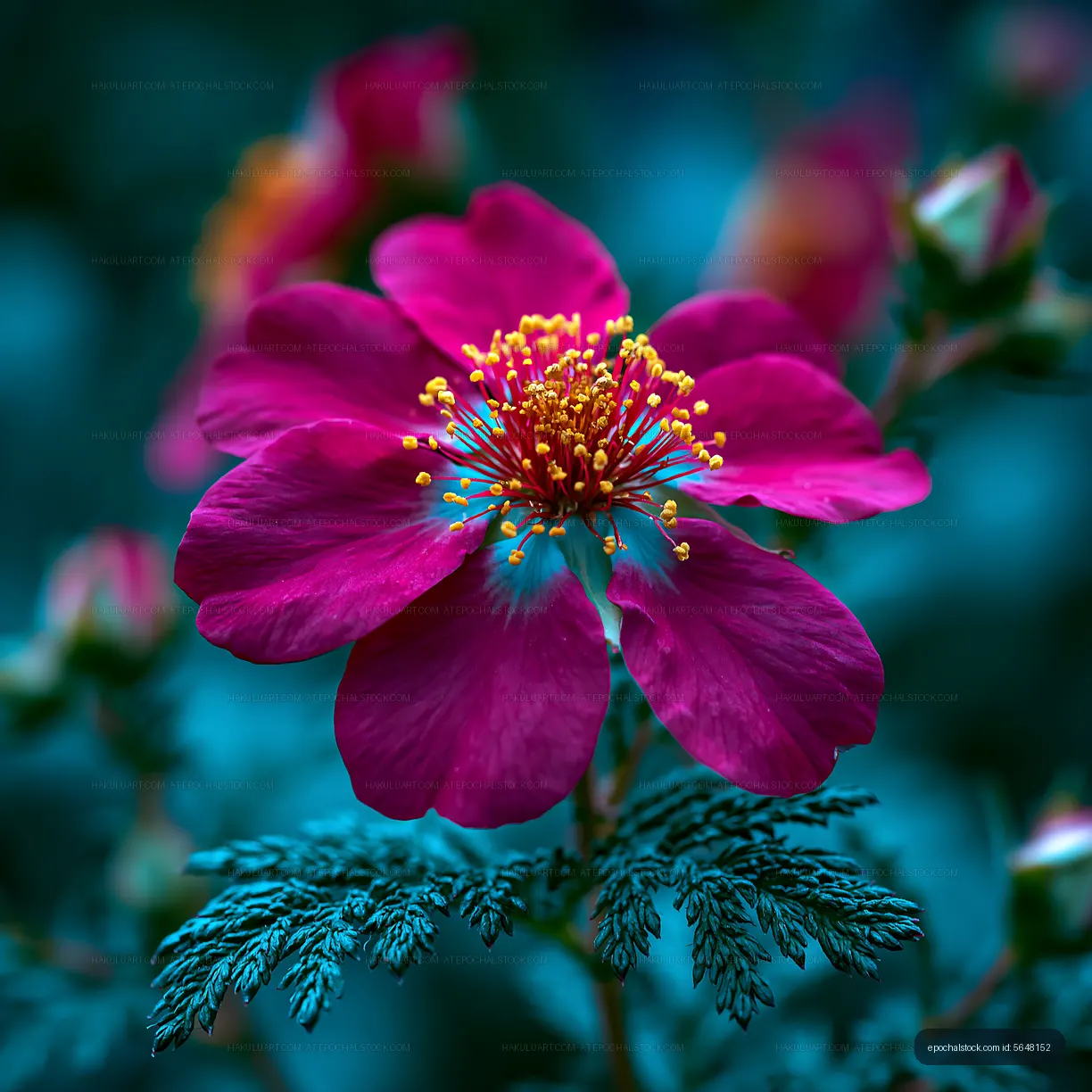 Purple flower with yellow stamens in garden setting