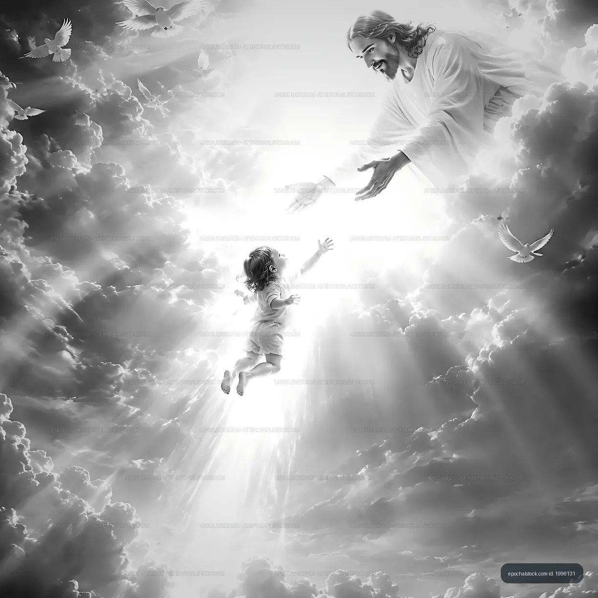 Jesus reaching out to a child in a heavenly cloud setting