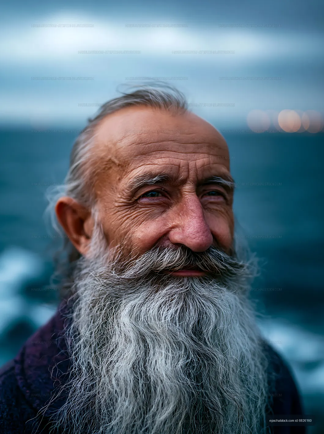 Elderly man with gray beard by the water
