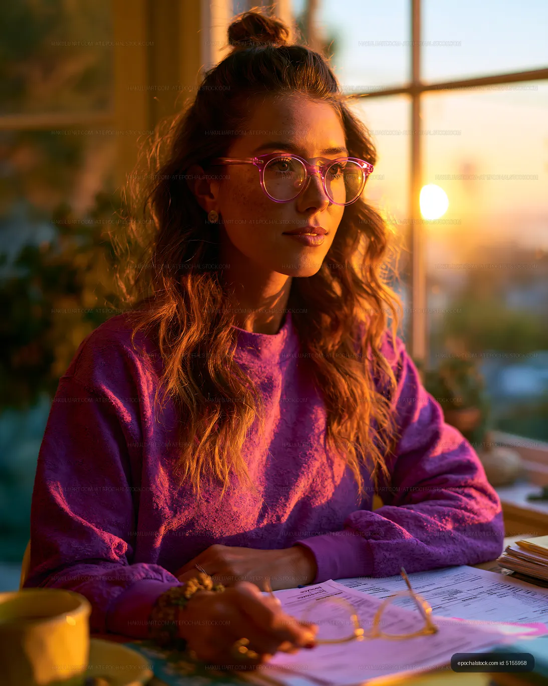Woman working at a desk during sunset with glasses on