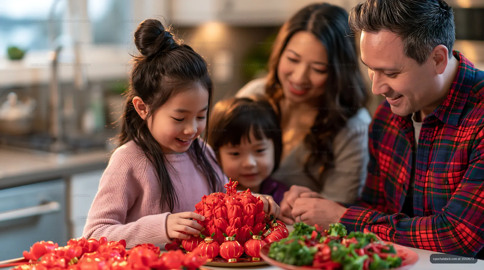 Family preparing food with tomatoes in kitchen