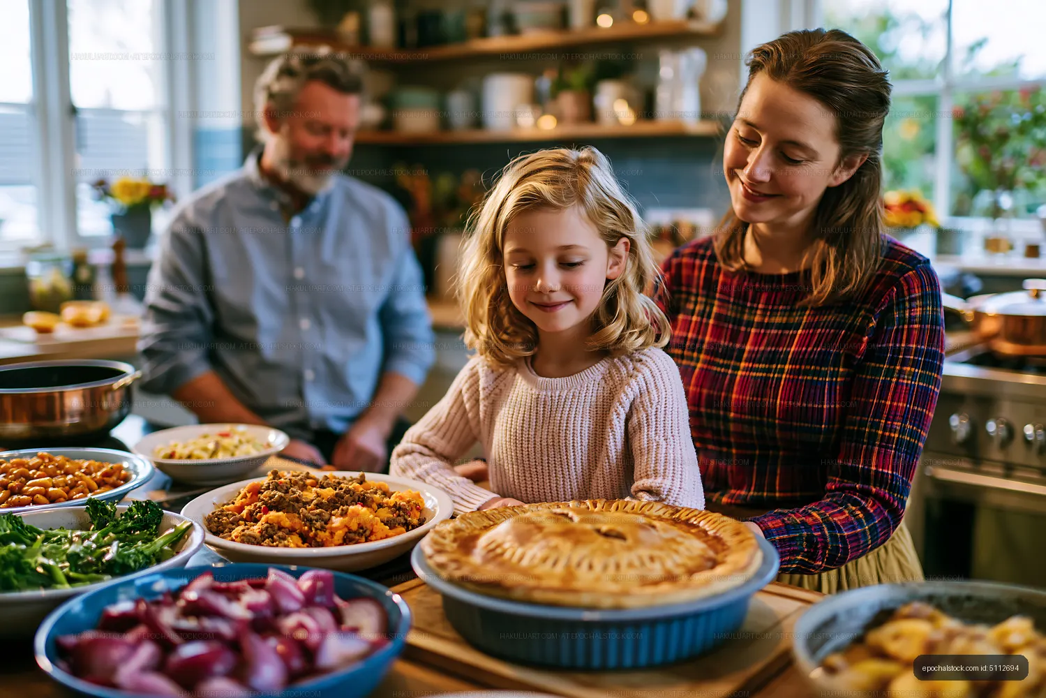 Family cooking and enjoying dishes in a cozy kitchen setting