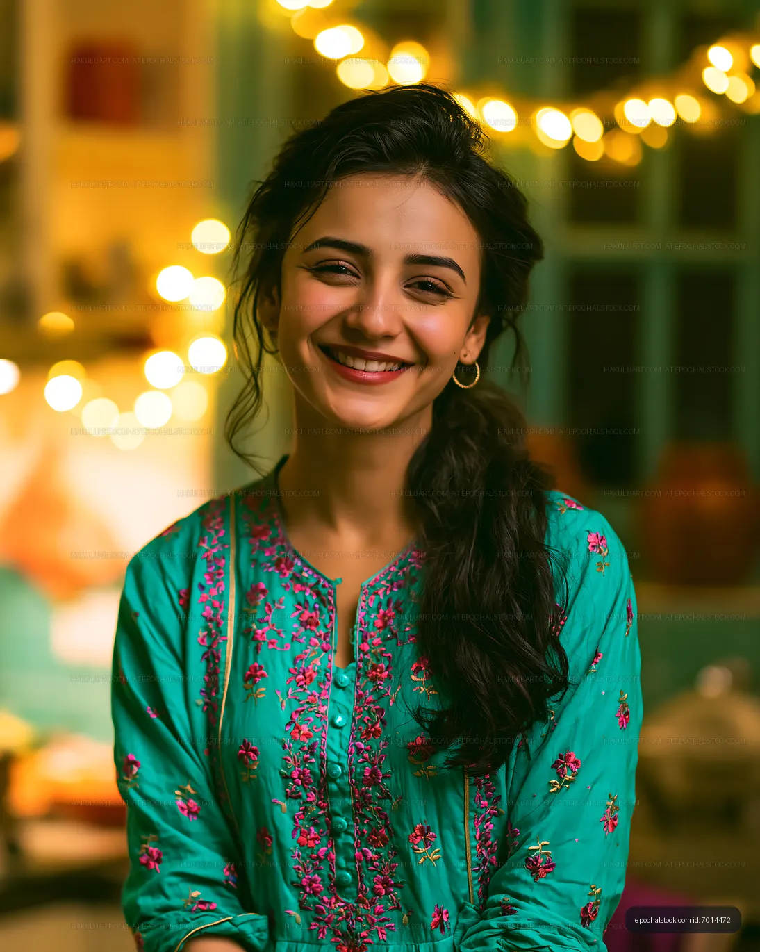 Woman smiling in traditional dress with lights in background
